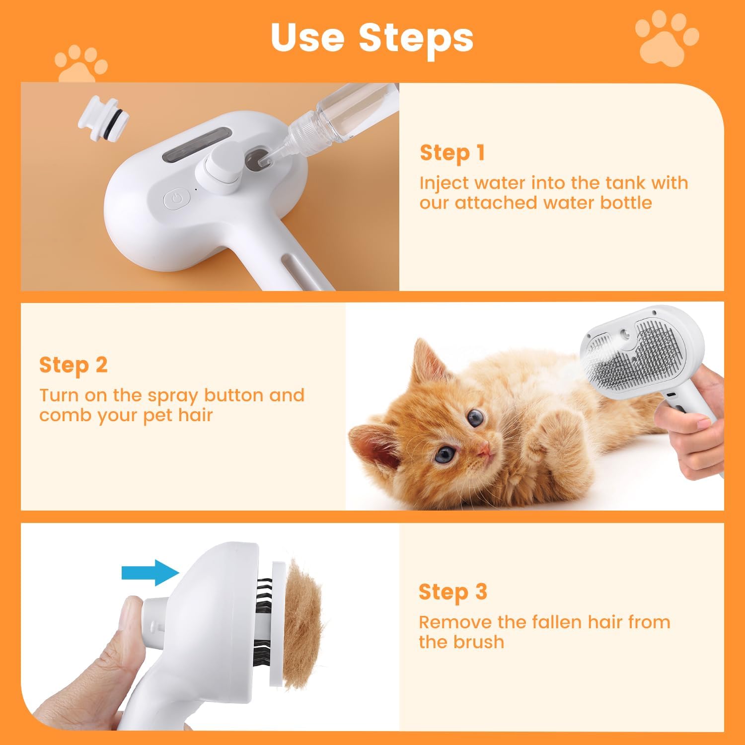 Pet steam brush water reservoir compartment