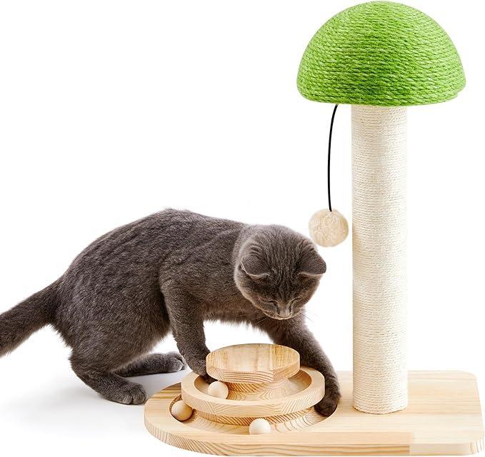 Mushroom cat scratching post with interactive ball track